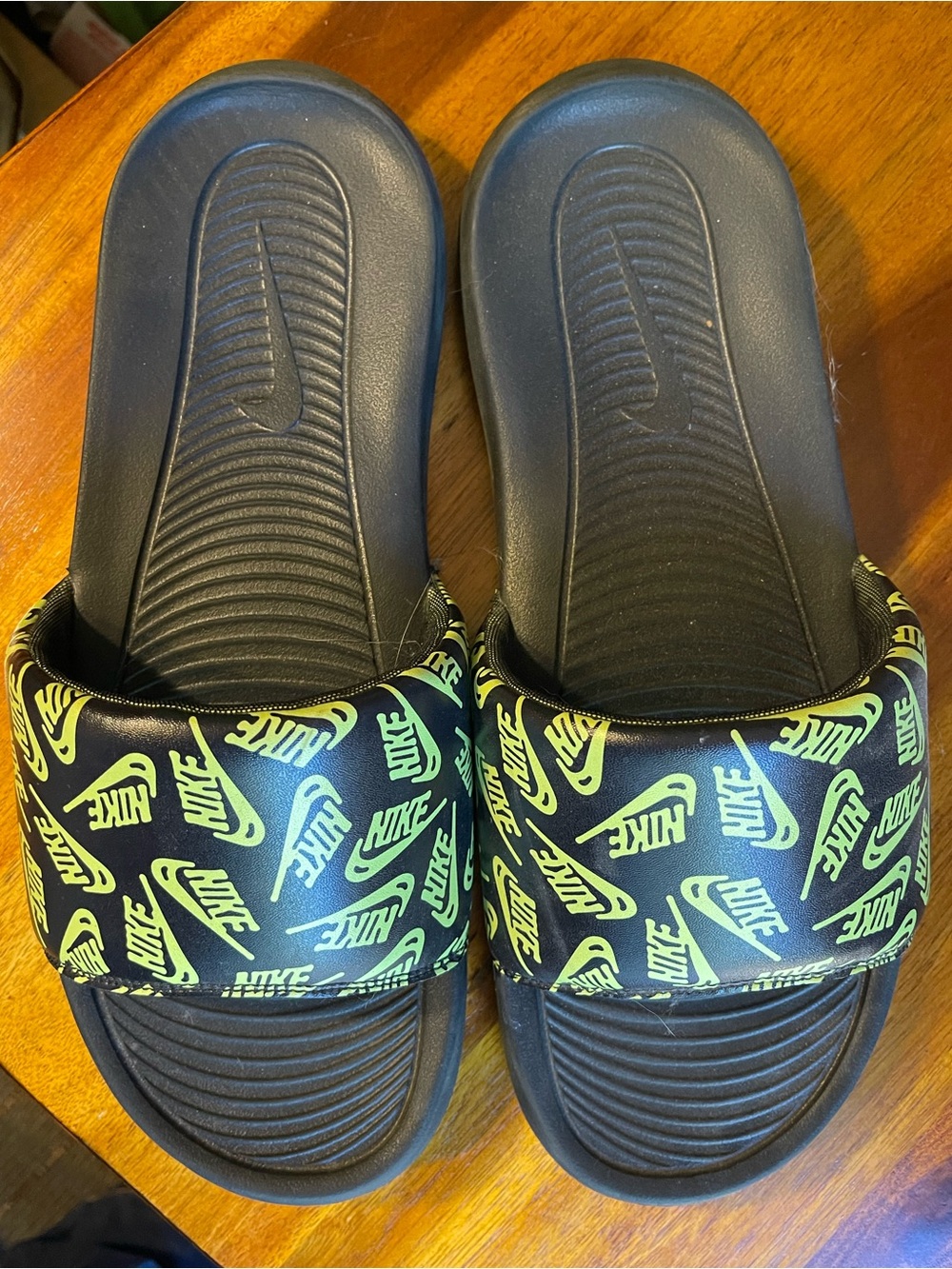 Nike Black Neon Green All Over Logo Print Slide Sandals Men's Size 11